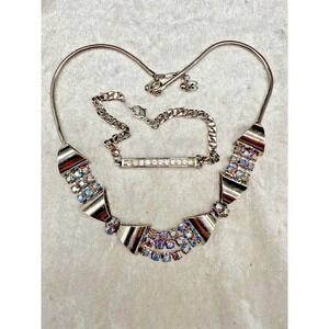 Rhinestone‎ Bow Necklace Bracelet Set AB Silver Tone 15" 7.5"